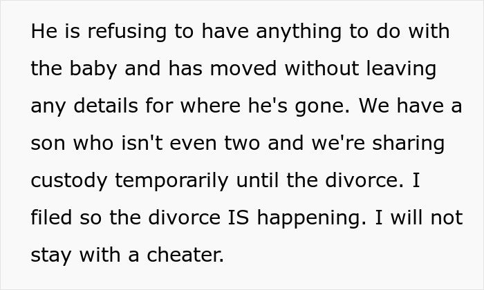 Text describing the husband's refusal to stay with a cheater and his divorce filing after his wife cheats. Text describing the husband's refusal to stay with a cheater and his divorce filing after his wife cheats.