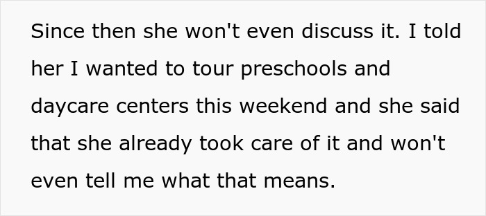 A screenshot of a text post where a wife refuses to discuss kid's education and won't explain her actions.