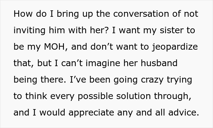 A woman plans her wedding, contemplating how to tell her sister about not inviting her toxic BIL. A woman plans her wedding, contemplating how to tell her sister about not inviting her toxic BIL.