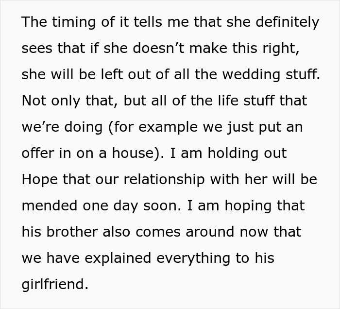 A screenshot showing text expressing hope for mending a relationship with in-laws after a wedding dispute and explaining the situation. A screenshot showing text expressing hope for mending a relationship with in-laws after a wedding dispute and explaining the situation.