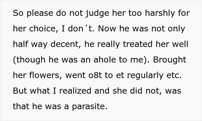Screenshot of text where the author explains the mom's new bf as a parasite, despite treating her well. Screenshot of text where the author explains the mom's new bf as a parasite, despite treating her well.