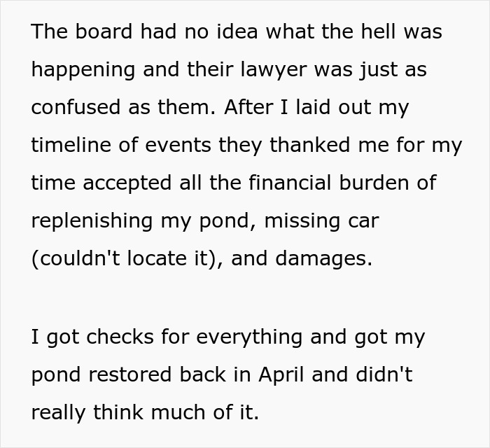 Text explaining an HOA board's confusion over events, accepting financial burdens after a resident uncovered a secret scheme.