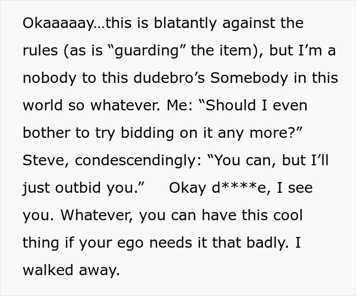 Text detailing the man's condescending behavior during the charity auction, confirming his bidding strategy. Text detailing the man's condescending behavior during the charity auction, confirming his bidding strategy.