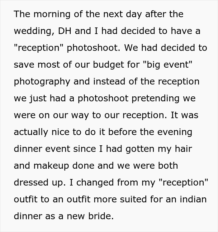 A screenshot of text about the bride and groom having a wedding reception photoshoot the day after. A screenshot of text about the bride and groom having a wedding reception photoshoot the day after.