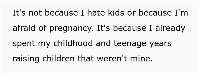 Screenshot of text explaining why she won't be a primary caregiver, mentioning past childcare responsibilities. Screenshot of text explaining why she won't be a primary caregiver, mentioning past childcare responsibilities.