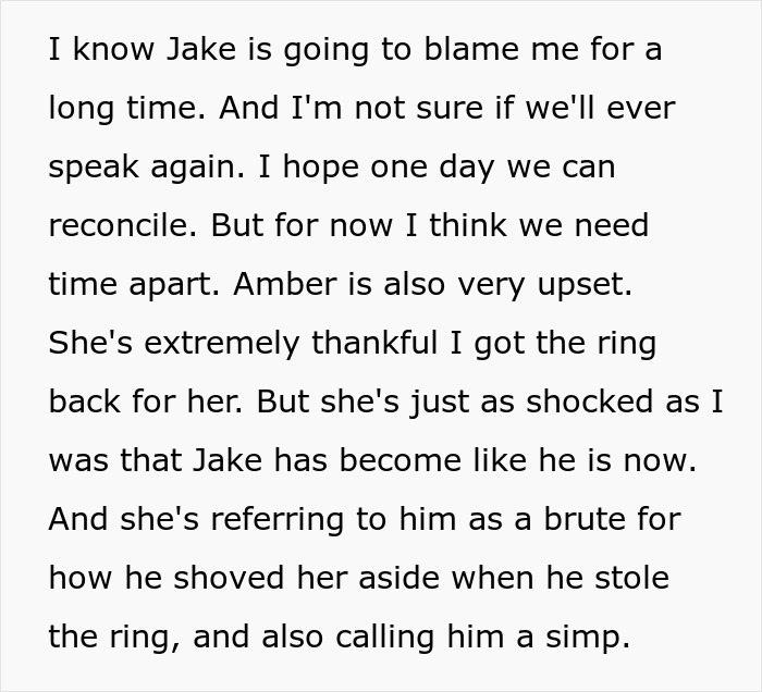 Text detailing a son blaming his dad for ruining his life after stealing a family heirloom to propose. Text detailing a son blaming his dad for ruining his life after stealing a family heirloom to propose.