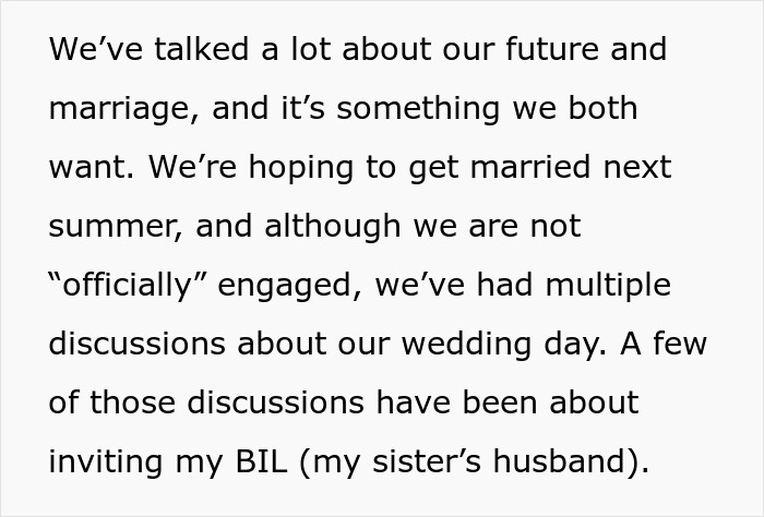 Text about wedding plans and discussions, including whether to invite the toxic BIL to the wedding. Text about wedding plans and discussions, including whether to invite the toxic BIL to the wedding.