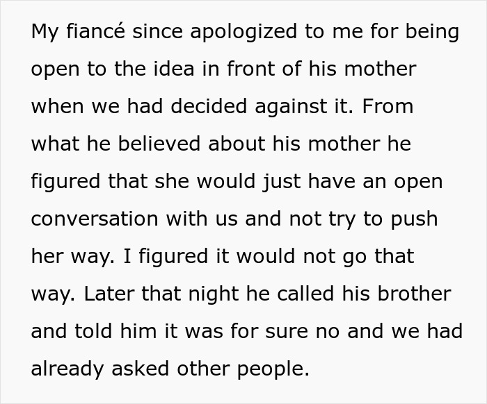 A screenshot from a wedding dispute story, showing text where a fiancé apologized for an in-laws' request.