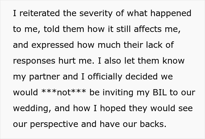 A woman explains to her parents that her toxic BIL is not invited to her wedding. A woman explains to her parents that her toxic BIL is not invited to her wedding.