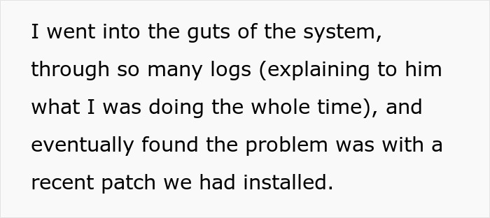 Colleague identifies system problem in logs, explaining the process to the incompetent workplace bully. Colleague identifies system problem in logs, explaining the process to the incompetent workplace bully.