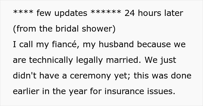 Text update about the bride calling her fiance husband due to being legally married for insurance, not ceremony, related to the deaf cousin incident. Text update about the bride calling her fiance husband due to being legally married for insurance, not ceremony, related to the deaf cousin incident.