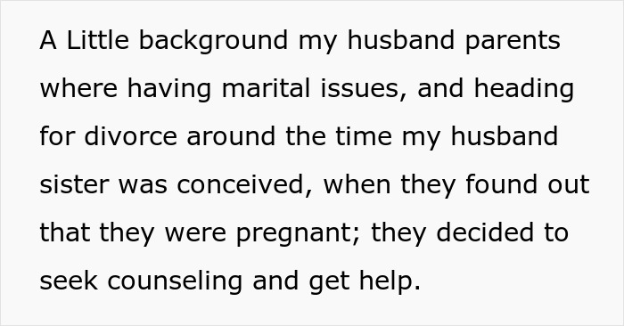 Text about husband's parents marital issues and the SIL's conception before the wedding. Text about husband's parents marital issues and the SIL's conception before the wedding.