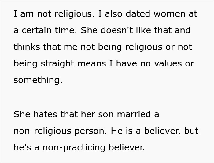 Text about a woman's non-religious background and how MIL dislikes her son's marriage to a non-religious person. Text about a woman's non-religious background and how MIL dislikes her son's marriage to a non-religious person.