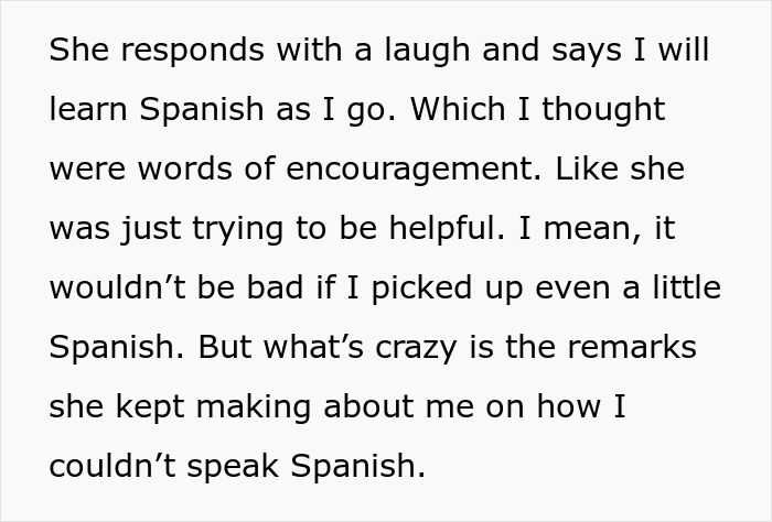 Screenshot of text: babysitter learns Spanish, realizes aunt's language remarks are attempts to bully.