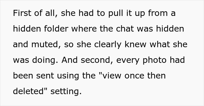 Discovery of wife's secret conversations hidden and muted, with photos deleted, reveals her intentional actions. Discovery of wife's secret conversations hidden and muted, with photos deleted, reveals her intentional actions.