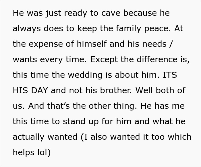A screenshot of text emphasizing the groom's day and standing up for himself in a family wedding dispute. A screenshot of text emphasizing the groom's day and standing up for himself in a family wedding dispute.