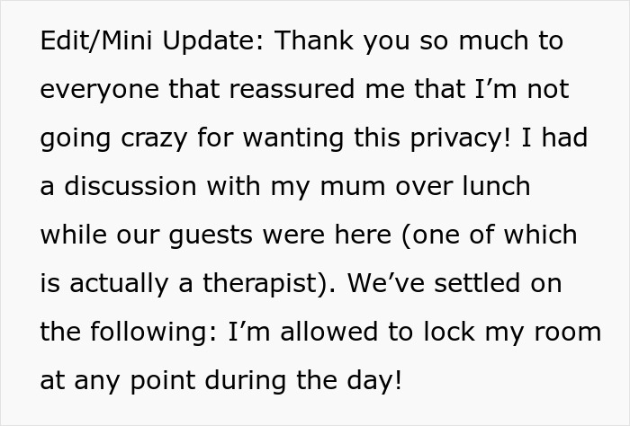 Text update detailing a discussion with mom and therapist, allowing daughter to lock her room against the controlling mom. Text update detailing a discussion with mom and therapist, allowing daughter to lock her room against the controlling mom.