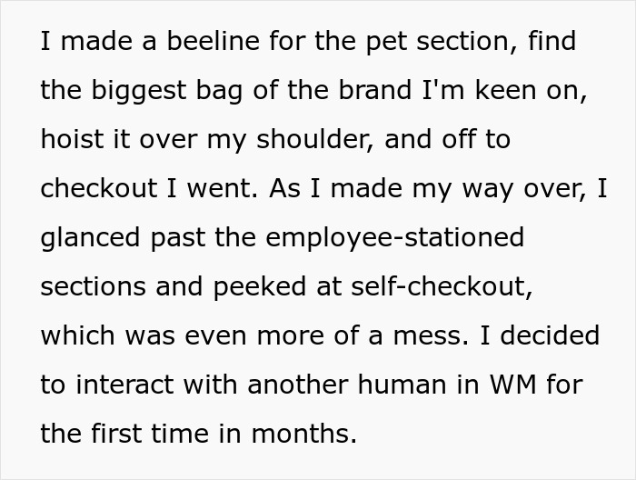 Text detailing a shopper's decision to use a manned checkout instead of self-checkout.