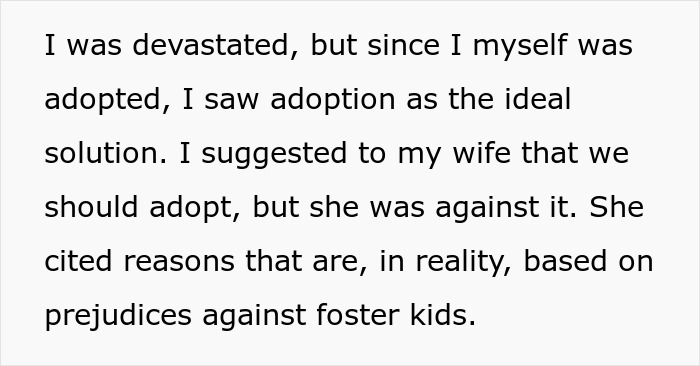 Screenshot of text where a man suggests adoption, but his wife opposes it due to prejudices, impacting their marriage.