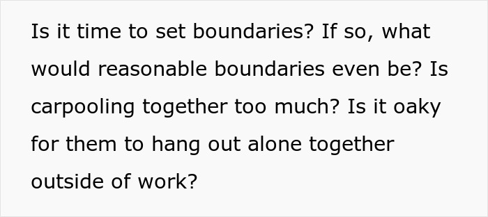 Screenshot of text asking about setting boundaries for a boyfriend and his female coworker friend.