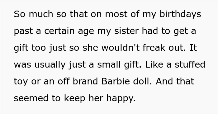 Screenshot of text: Spoiled sister receives gifts at brother's birthday to avoid a tantrum, showing the effects of an enabling mom. Screenshot of text: Spoiled sister receives gifts at brother's birthday to avoid a tantrum, showing the effects of an enabling mom.