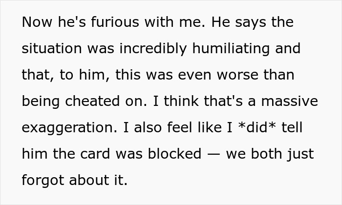 A woman blocks her fiance's card to teach him a lesson about cleaning, leading to a store flagging it as stolen. A woman blocks her fiance's card to teach him a lesson about cleaning, leading to a store flagging it as stolen.