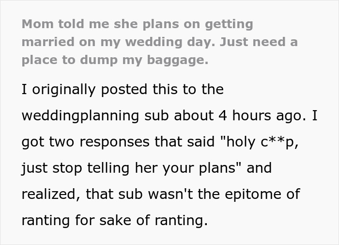 Mom Tries To Score A Free Wedding On Daughter’s Big Day, Gets Shut Down Fast By Furious Bride-To-Be Mom Tries To Score A Free Wedding On Daughter’s Big Day, Gets Shut Down Fast By Furious Bride-To-Be