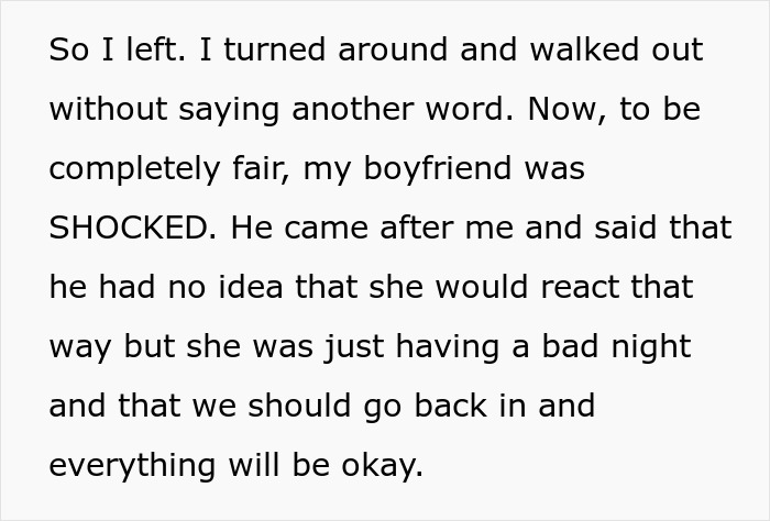Screenshot of text detailing the reaction after the guest walked out of the party, leaving the boyfriend shocked.