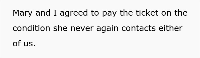 White background with black text showing agreement to pay a ticket for a sister, with no further contact, after taunting about infertility and being a great mom.