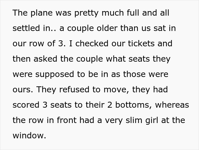 Text detailing how elderly passengers refused to move from stolen seats on a plane. Text detailing how elderly passengers refused to move from stolen seats on a plane.