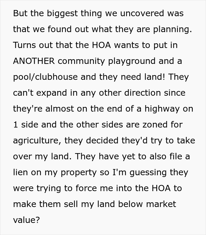 Screenshot of text revealing the HOA's secret scheme to acquire a resident's land for a community playground and pool.