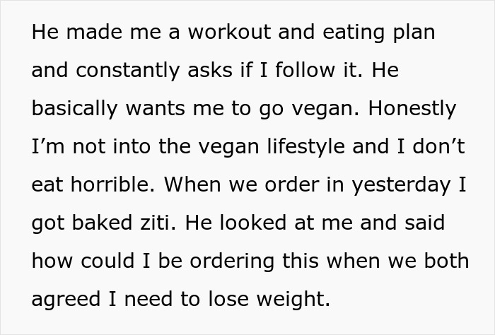 Screenshot of text about a boyfriend trying to fix his dream girl with a workout and eating plan, calling her chubby. Screenshot of text about a boyfriend trying to fix his dream girl with a workout and eating plan, calling her chubby.