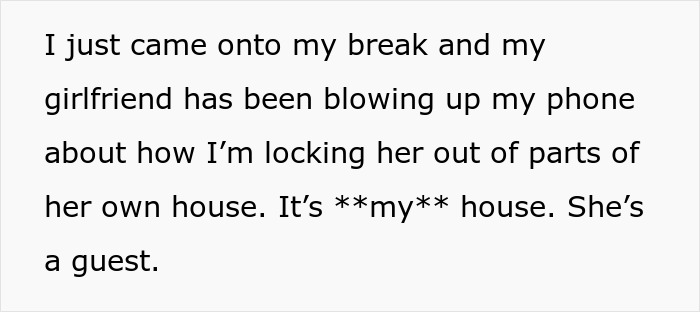 A screenshot of a text message discussing a woman moving into a guy's house and ignoring his boundaries.