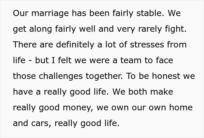 Screenshot of text: Our marriage has been fairly stable. Guy mourning his marriage.
