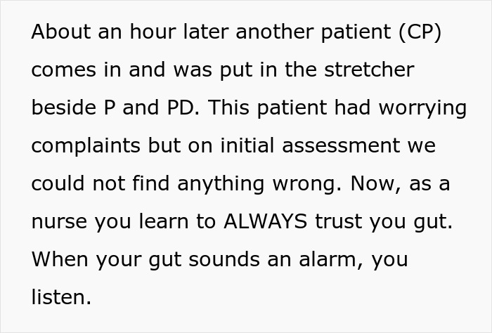 An ER nurse trusts their gut feeling about a new patient, despite normal initial assessment, learning from experience. An ER nurse trusts their gut feeling about a new patient, despite normal initial assessment, learning from experience.