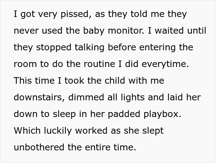 The babysitter, dealing with a crying baby, takes the child downstairs and puts her to sleep successfully. The babysitter, dealing with a crying baby, takes the child downstairs and puts her to sleep successfully.