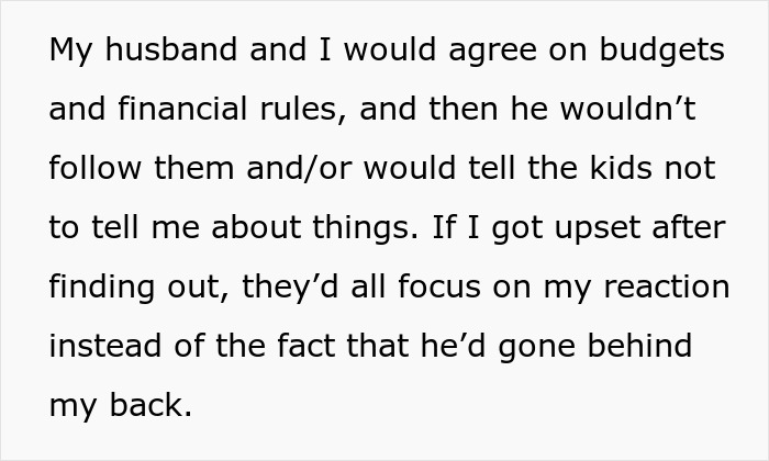 Text describing mom's struggles with husband not following financial rules, impacting funding of kids and stepdaughter's children. Text describing mom's struggles with husband not following financial rules, impacting funding of kids and stepdaughter's children.