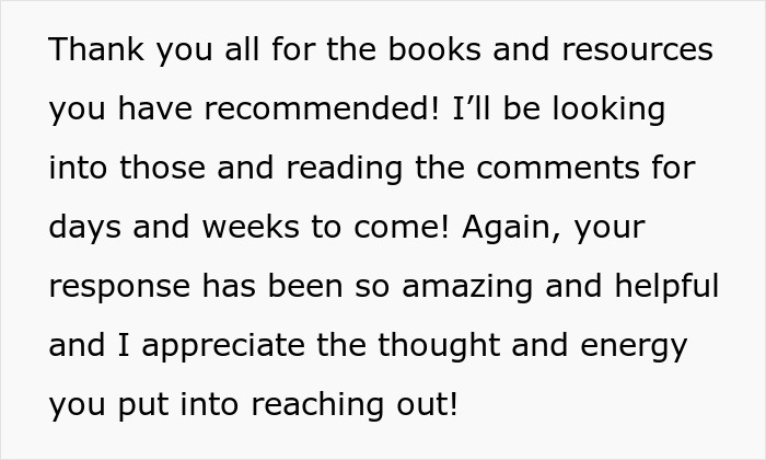 A wife expresses gratitude for recommended books and resources, looking forward to reading comments and suggestions. A wife expresses gratitude for recommended books and resources, looking forward to reading comments and suggestions.