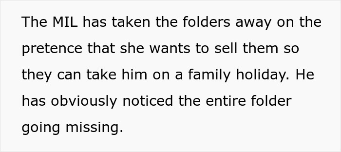 Text describing the grandma taking Pokémon card folders, pretending to sell for a family holiday.
