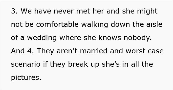 A screenshot from a wedding dispute story, explaining further considerations about the in-laws wedding request.
