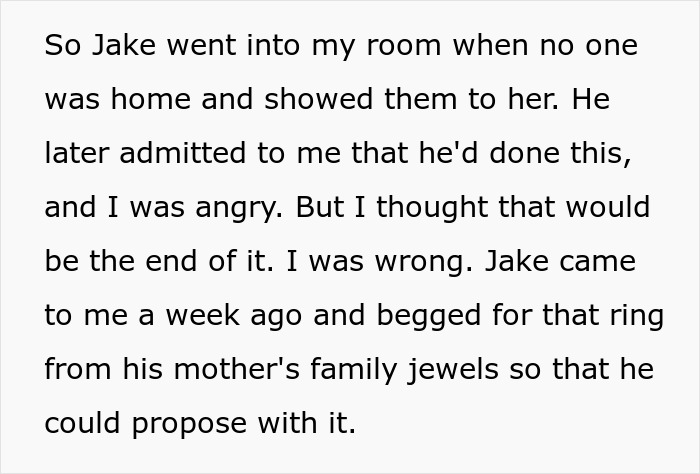 Son attempts to steal a family heirloom ring to propose, leading to family conflict. Son attempts to steal a family heirloom ring to propose, leading to family conflict.