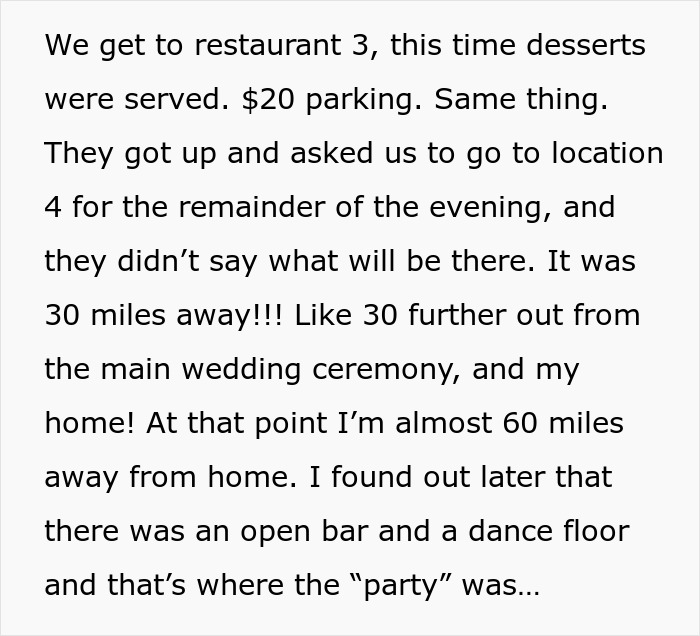 Text detailing the long distances and multiple venues for a wedding, leading to guests driving and getting tired.