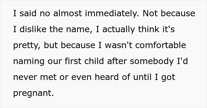 A text screenshot shows the wife's discomfort about naming her daughter after her husband's former engaged friend. A text screenshot shows the wife's discomfort about naming her daughter after her husband's former engaged friend.