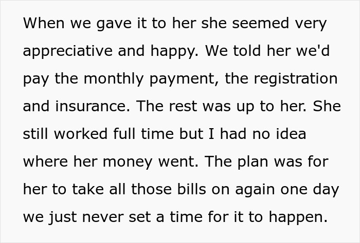 Screenshot of text detailing the son's payment plan for his mom's car and bills, and his surprise about her money, related to the selfish mom. Screenshot of text detailing the son's payment plan for his mom's car and bills, and his surprise about her money, related to the selfish mom.