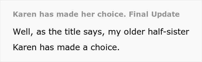 Text stating the half-sis made her choice, referencing her taunts over infertility and becoming a great mom.