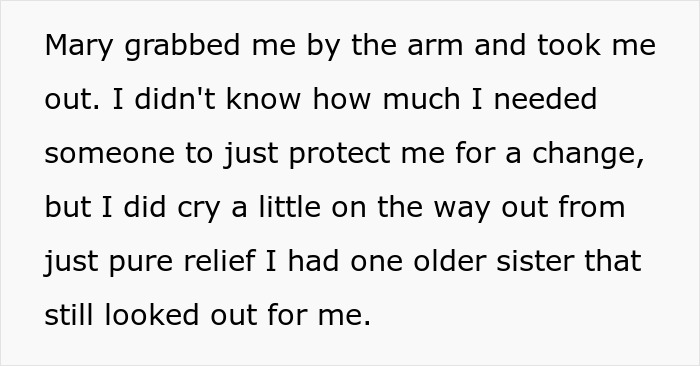 Text on the relief felt after the half-sister taunts about infertility, then wants the woman for her baby.