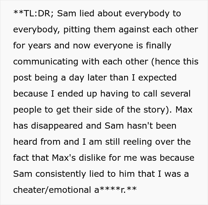 Text outlining Sam's lies and the friends communicating, playing friends against each other. Text outlining Sam's lies and the friends communicating, playing friends against each other.