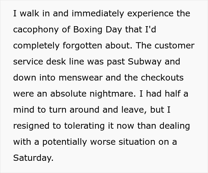 Text describing a shopper's experience with long lines and a chaotic store on Boxing Day.