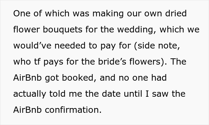 Text detailing flower bouquet costs and an uncommunicated bachelorette date. Text detailing flower bouquet costs and an uncommunicated bachelorette date.