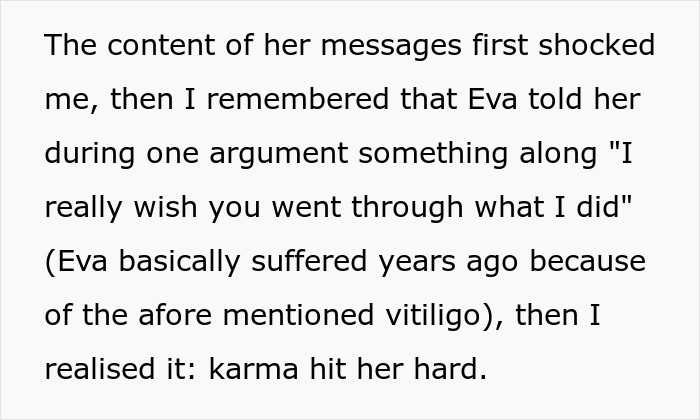 Text snippet: Guy's mom makes GF's vitiligo her favorite insult, but karma hit her hard.